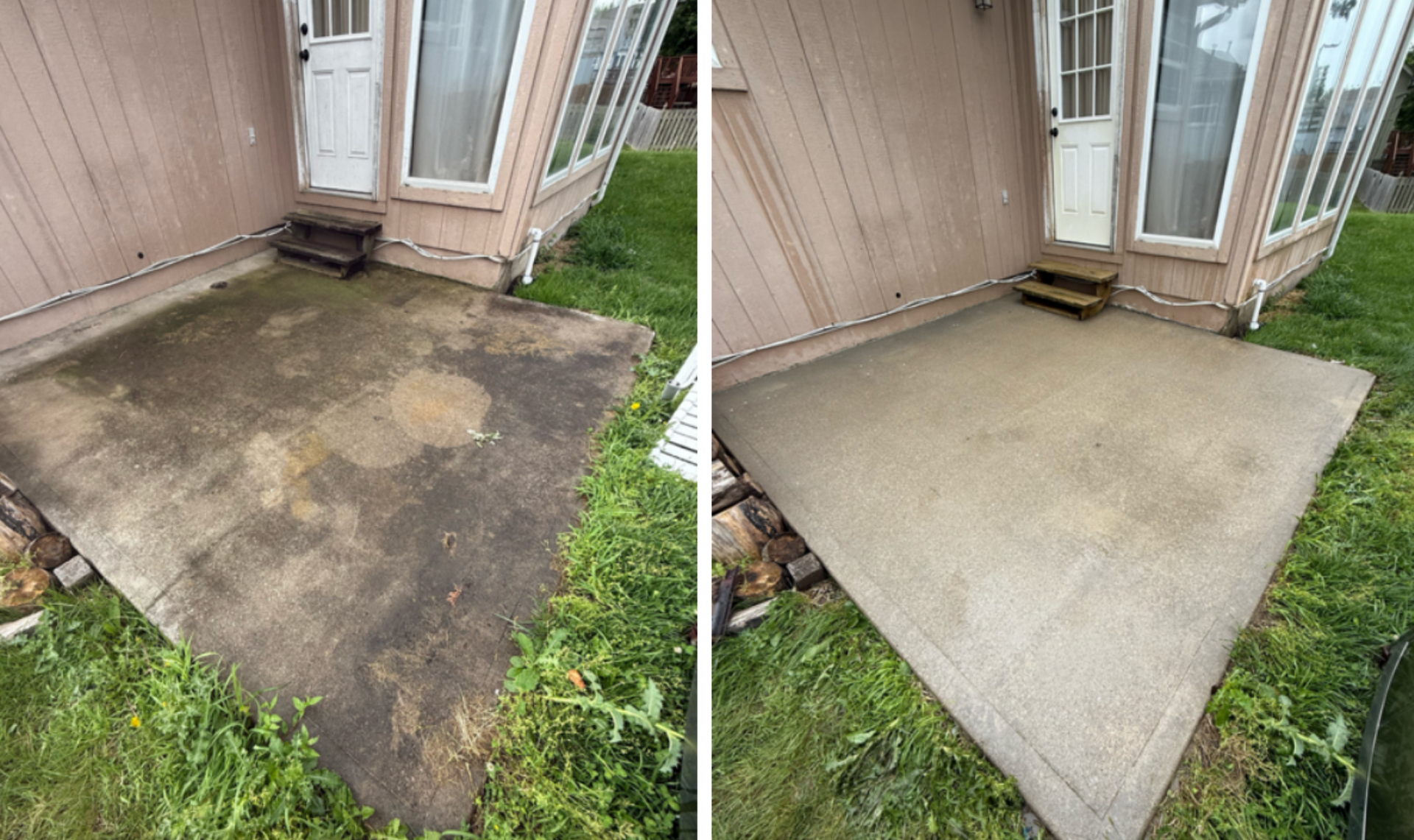 Before-and-after comparison of a concrete patio cleaned of dark organic buildup, showing restored light grey surface.