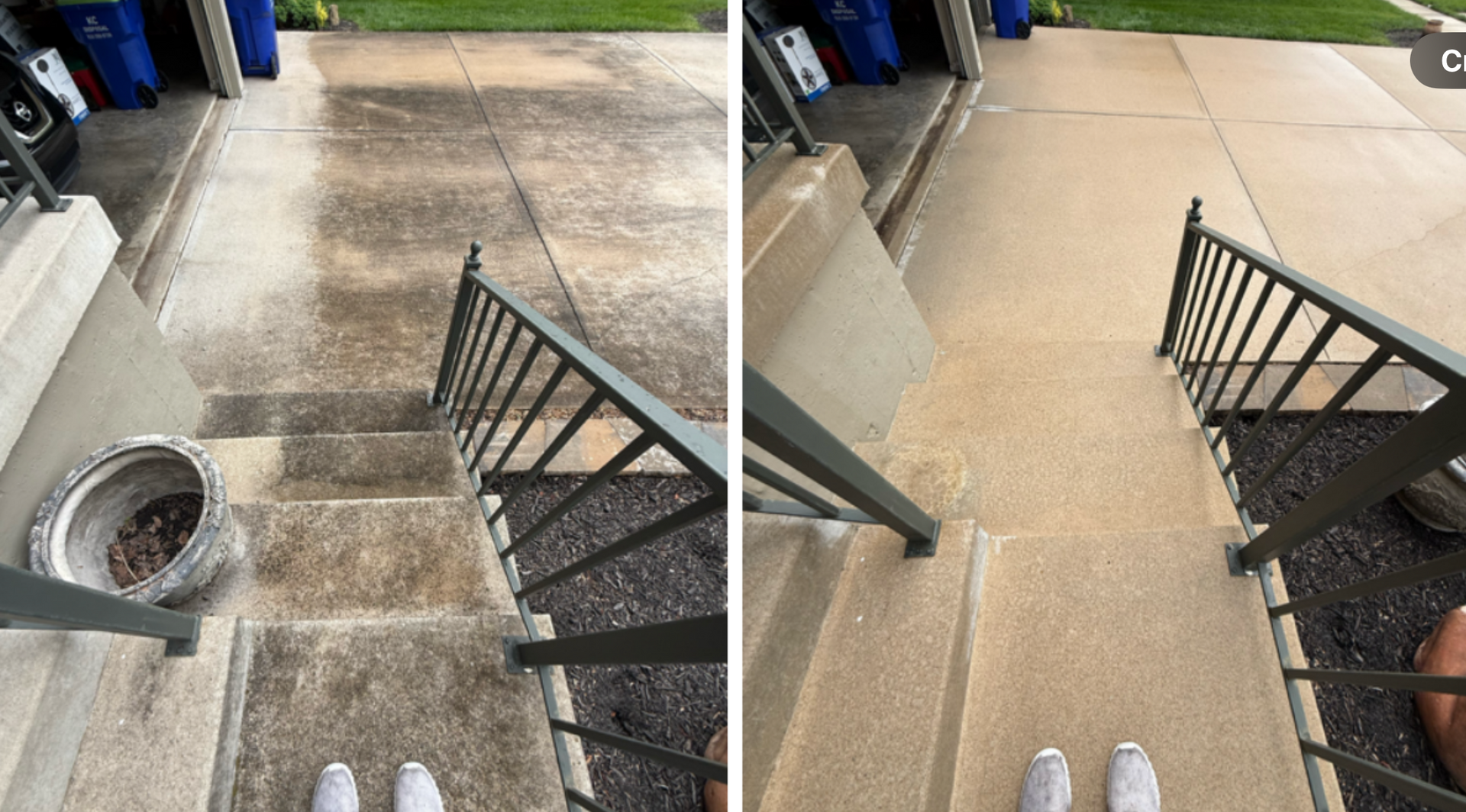 A split-screen view shows a concrete walkway and stairs before and after pressure washing, revealing a clean surface.