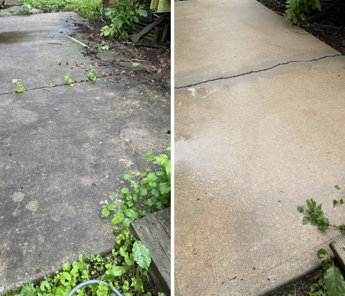 A split-screen comparison showing a dirty, weed-filled concrete path on the left and a clean, pressure-washed path on the right.