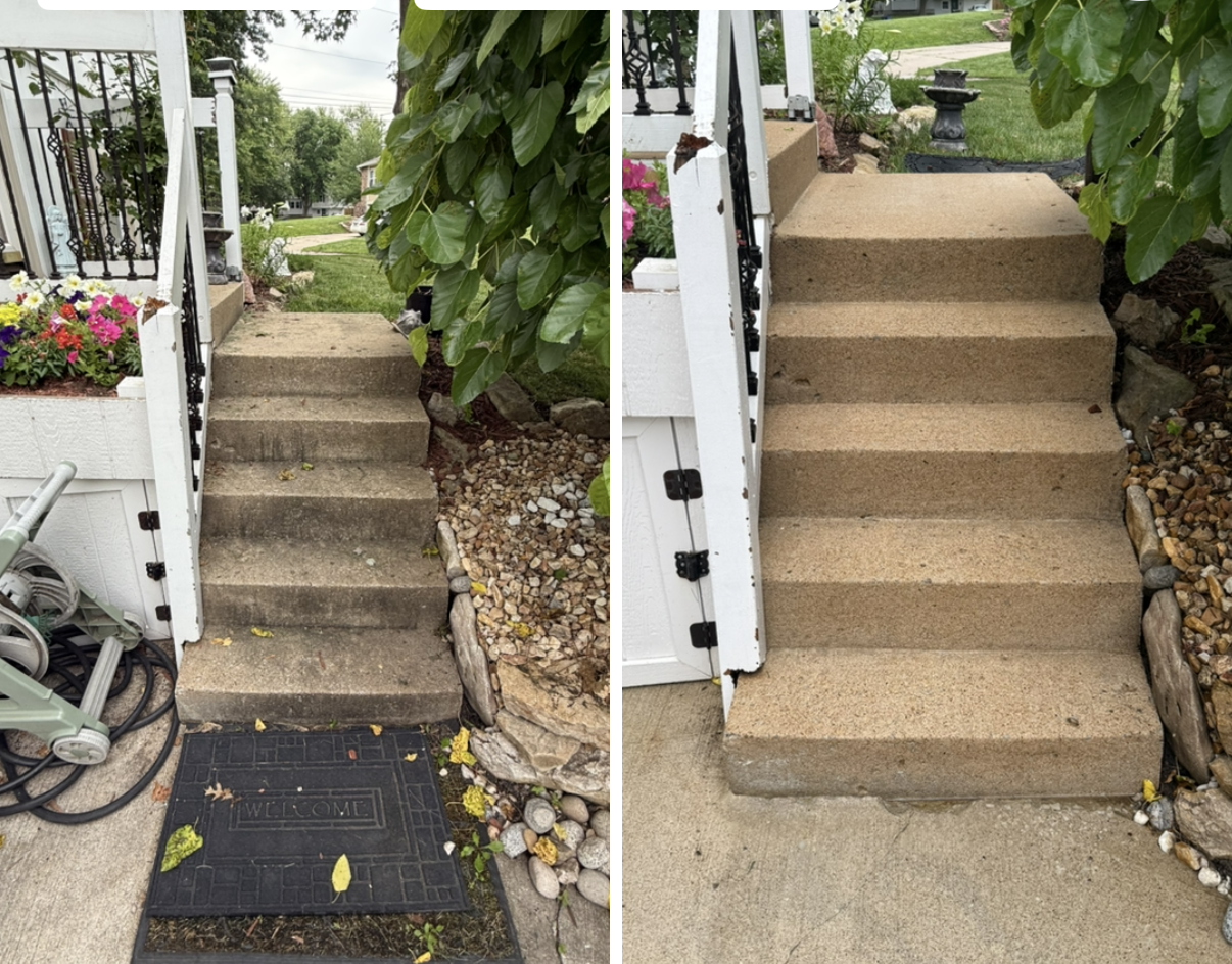 Before and after photos showing a set of outdoor concrete stairs cleaned of dirt and discoloration.