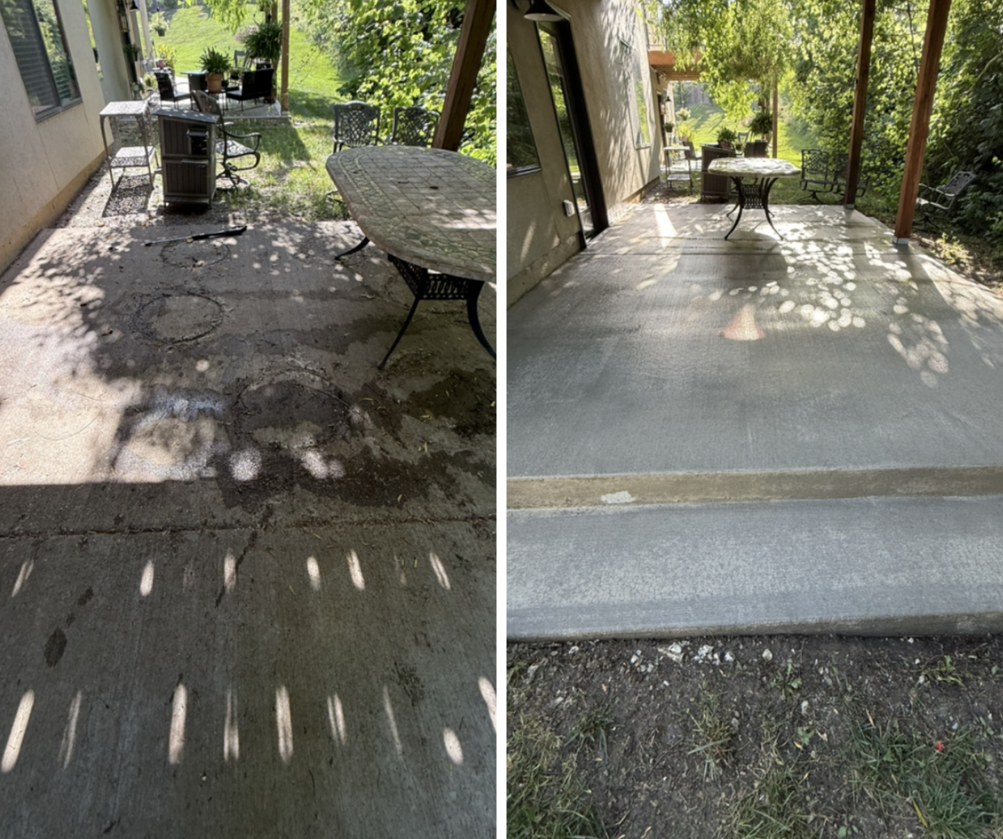 Before-and-after photos of a concrete patio after cleaning, showing a dark, stained surface becoming clean and bright.