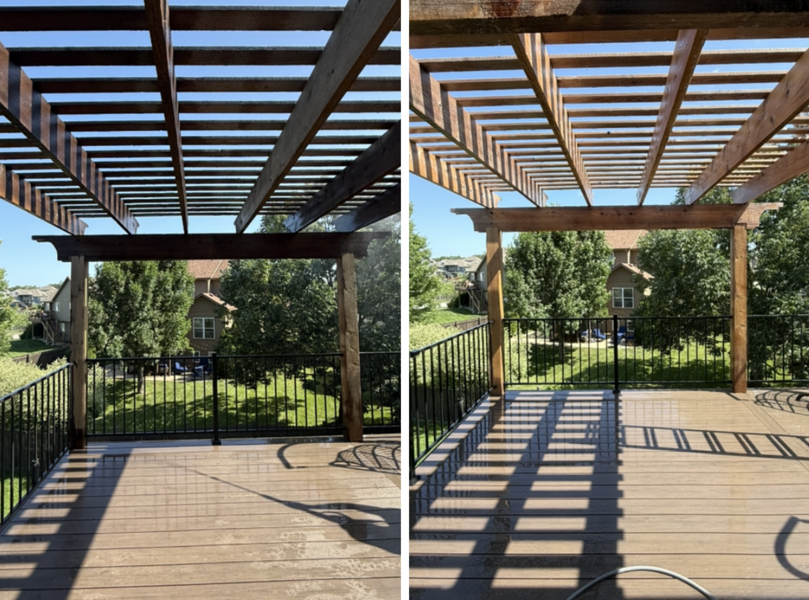 Side-by-side comparison of a wood pergola deck showing a before (left) and after (right) power washing transformation.