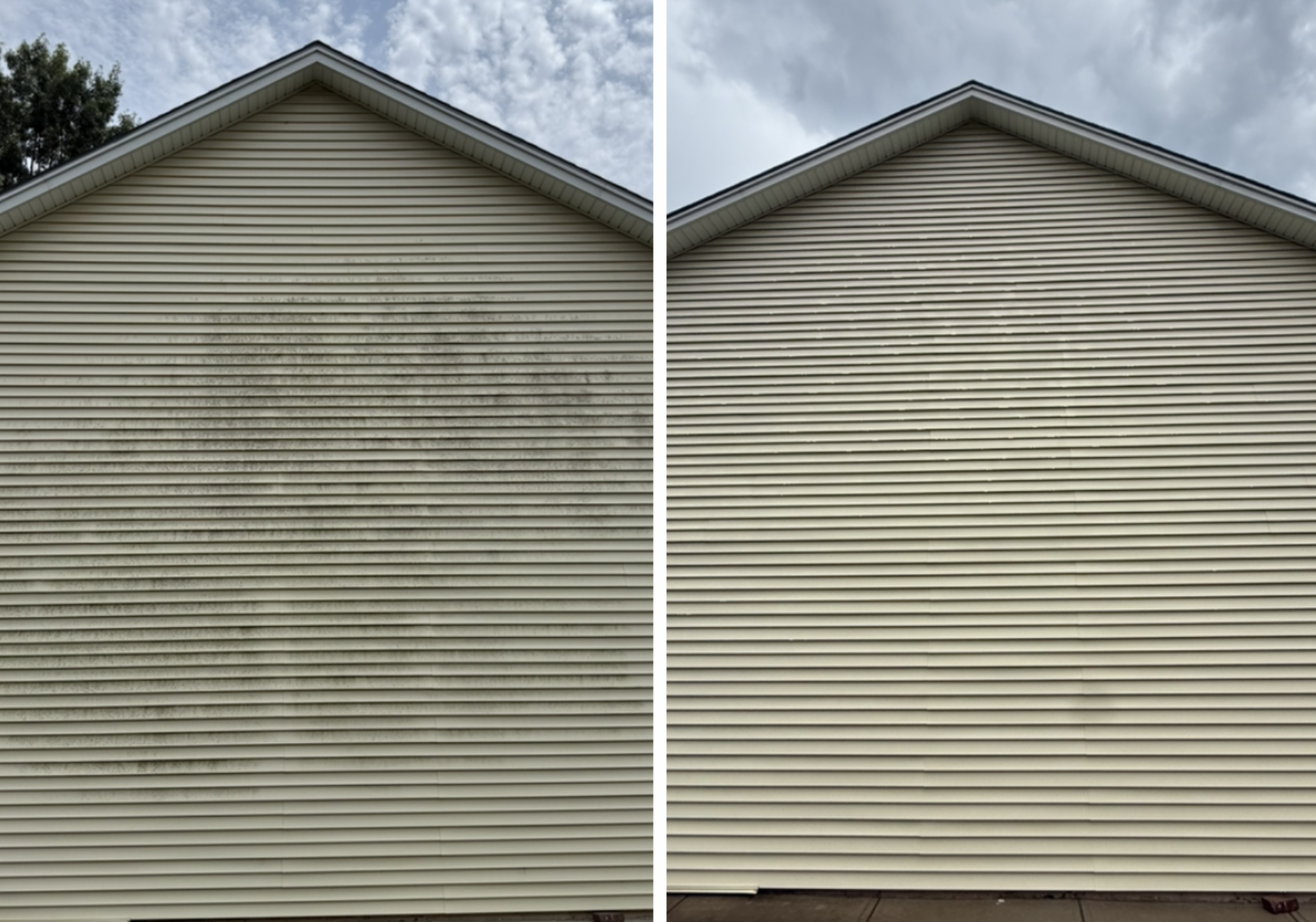 Before-and-after photos of a house wall showing cleaned siding on the left and heat-melted, warped siding on the right.