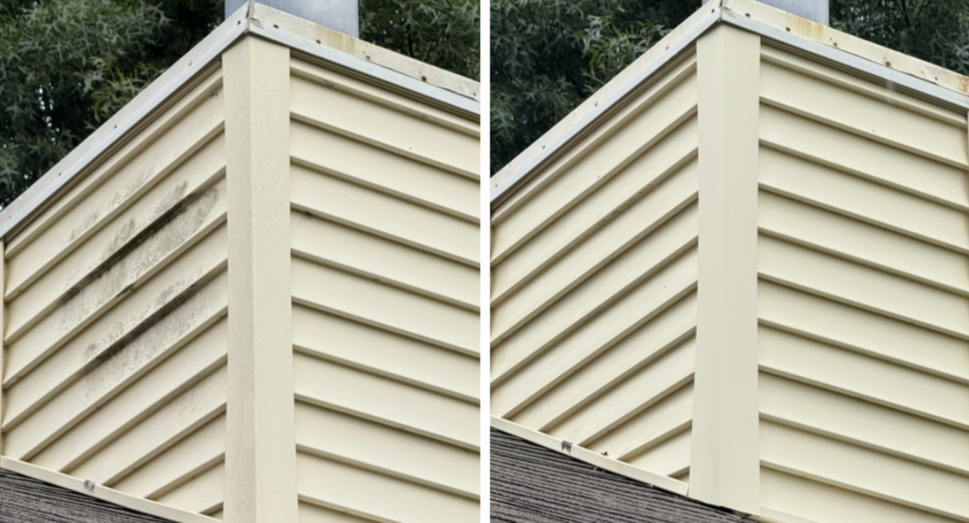 Before-and-after comparison of a chimney with beige siding, showing the removal of dark stains after cleaning.
