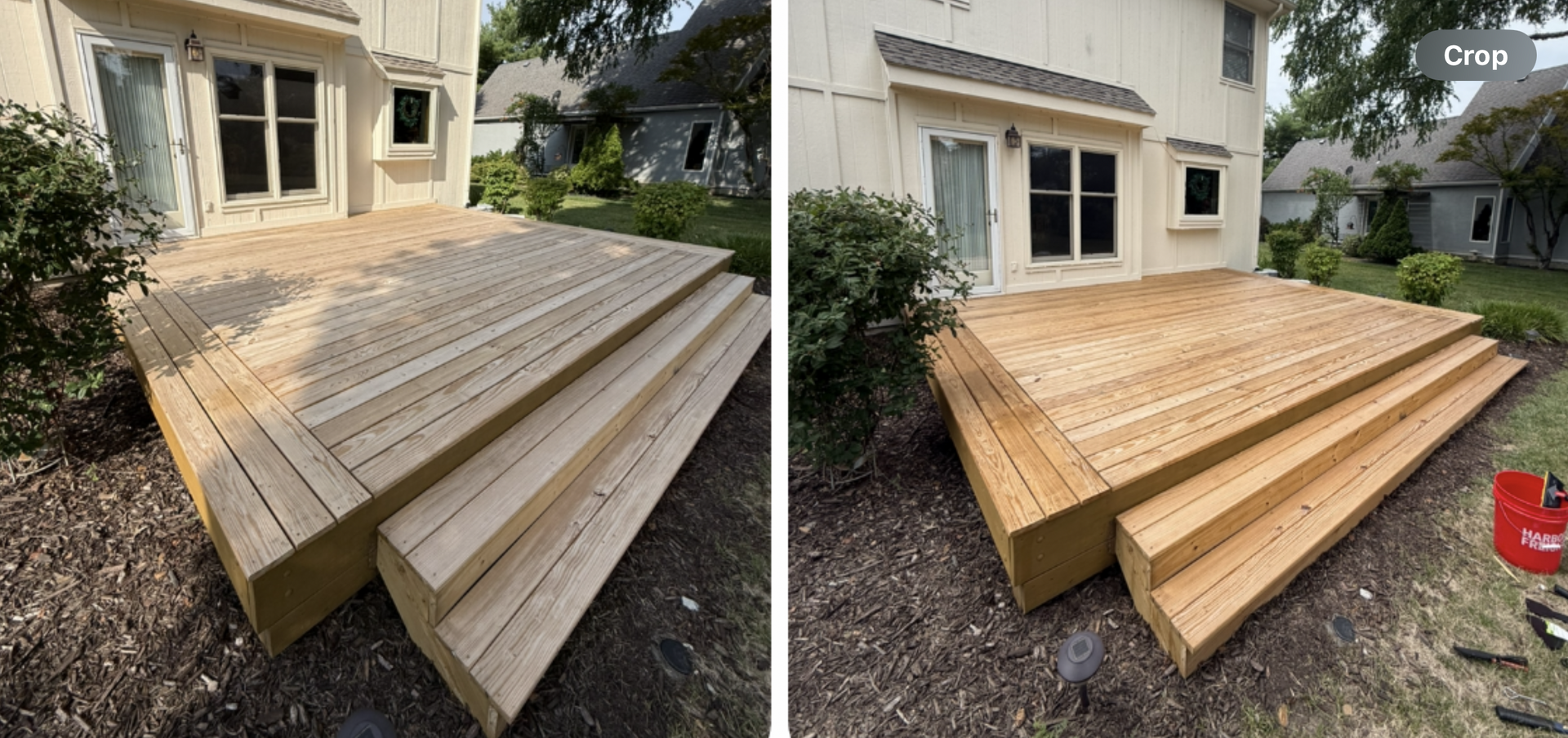 Side-by-side view of a light-colored wooden deck attached to a house before and after professional cleaning.