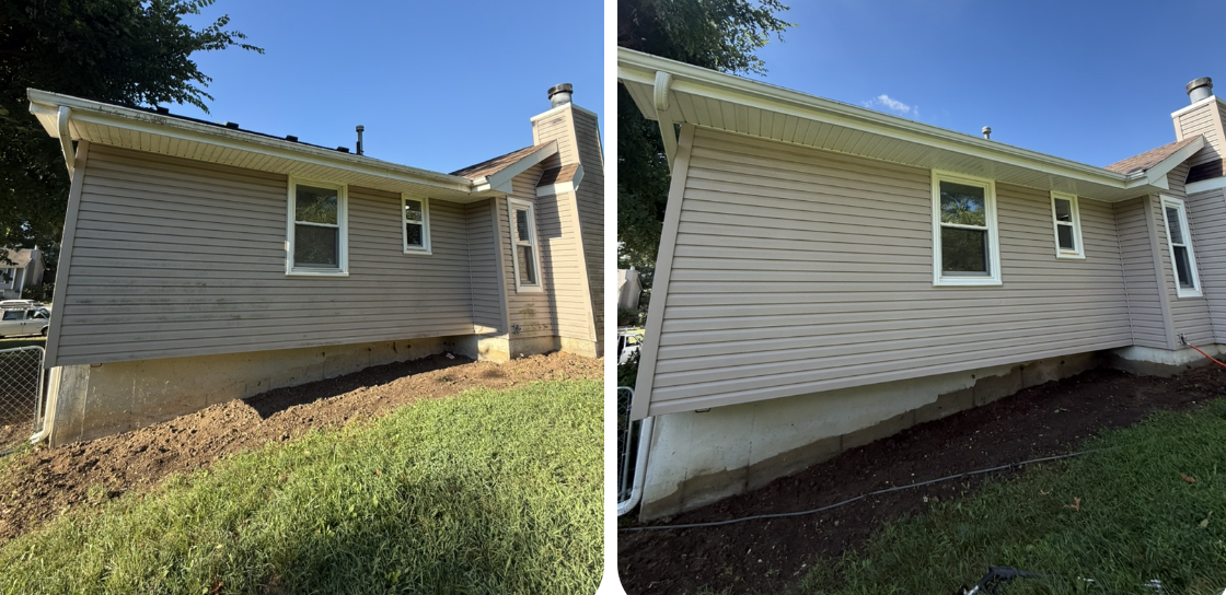 Before and after comparison of house siding showing the removal of dirt and debris from the foundation and wall.