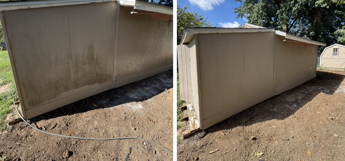 Before and after comparison of a shed wall showing the removal of dirt stains after cleaning.