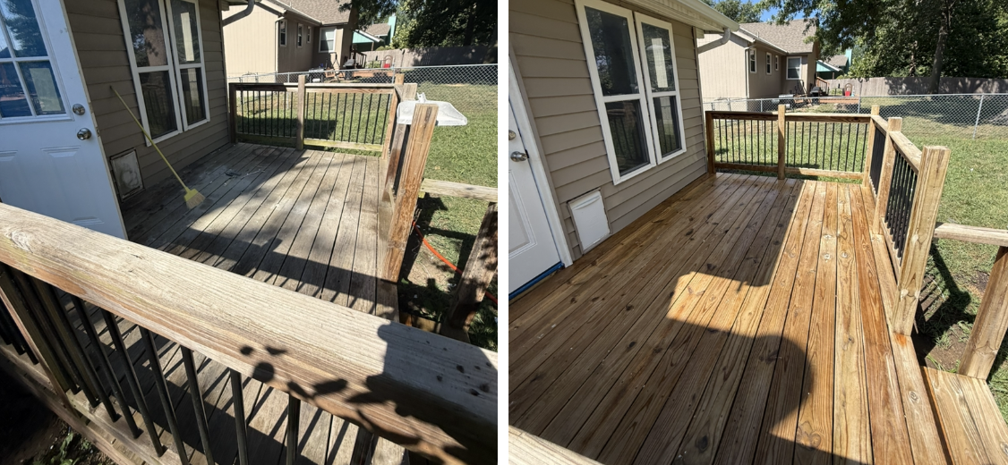 A side-by-side comparison of a wooden deck before and after it was cleaned and stained, showing a noticeable improvement.