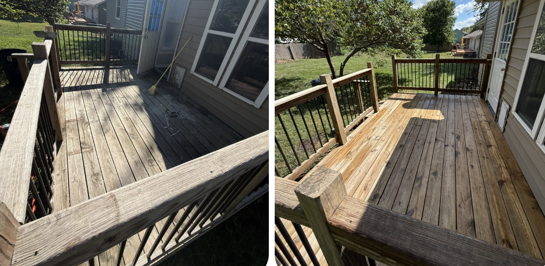 A split-screen comparison showing a wooden deck before and after cleaning, revealing a brighter, natural wood finish.