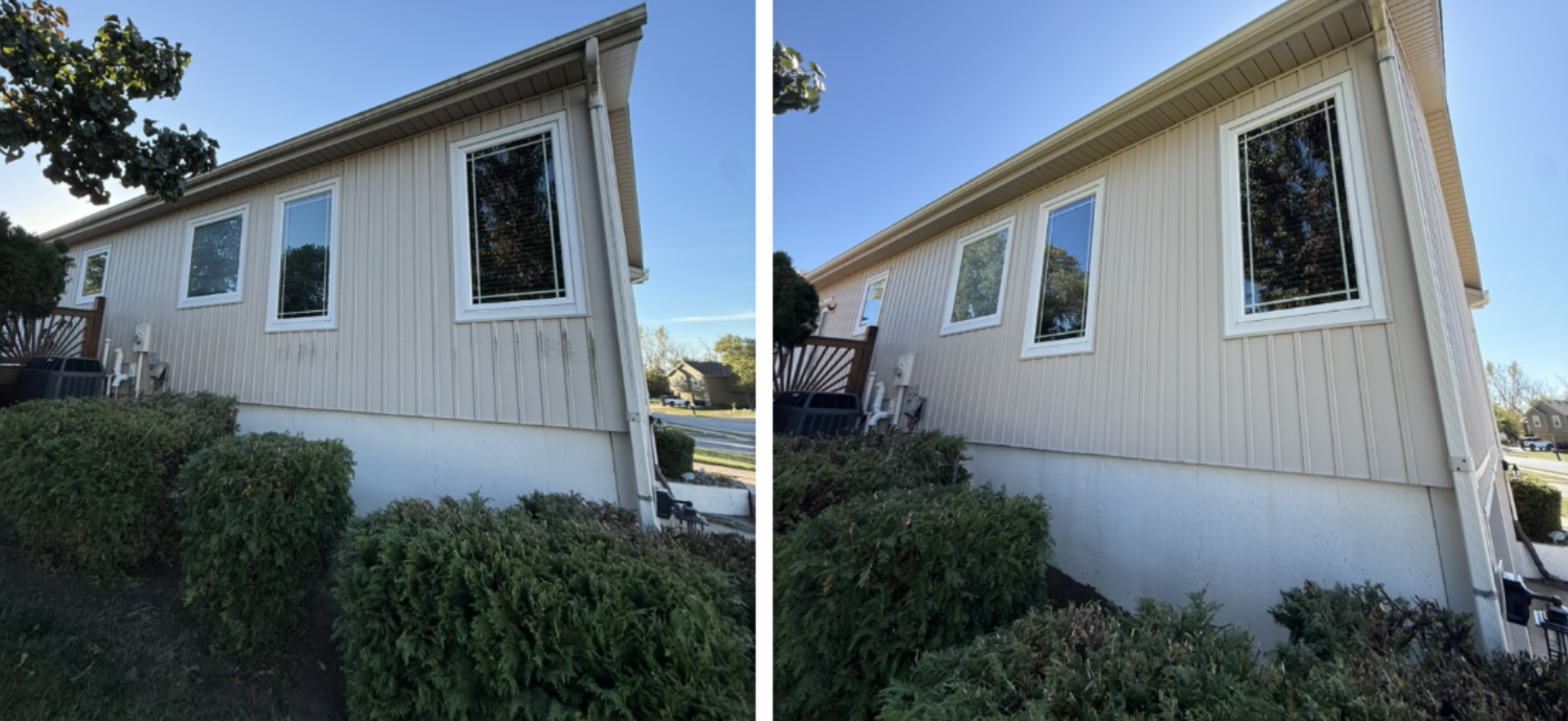 Side-by-side view of a house exterior, showing the difference in window appearance after a professional cleaning.