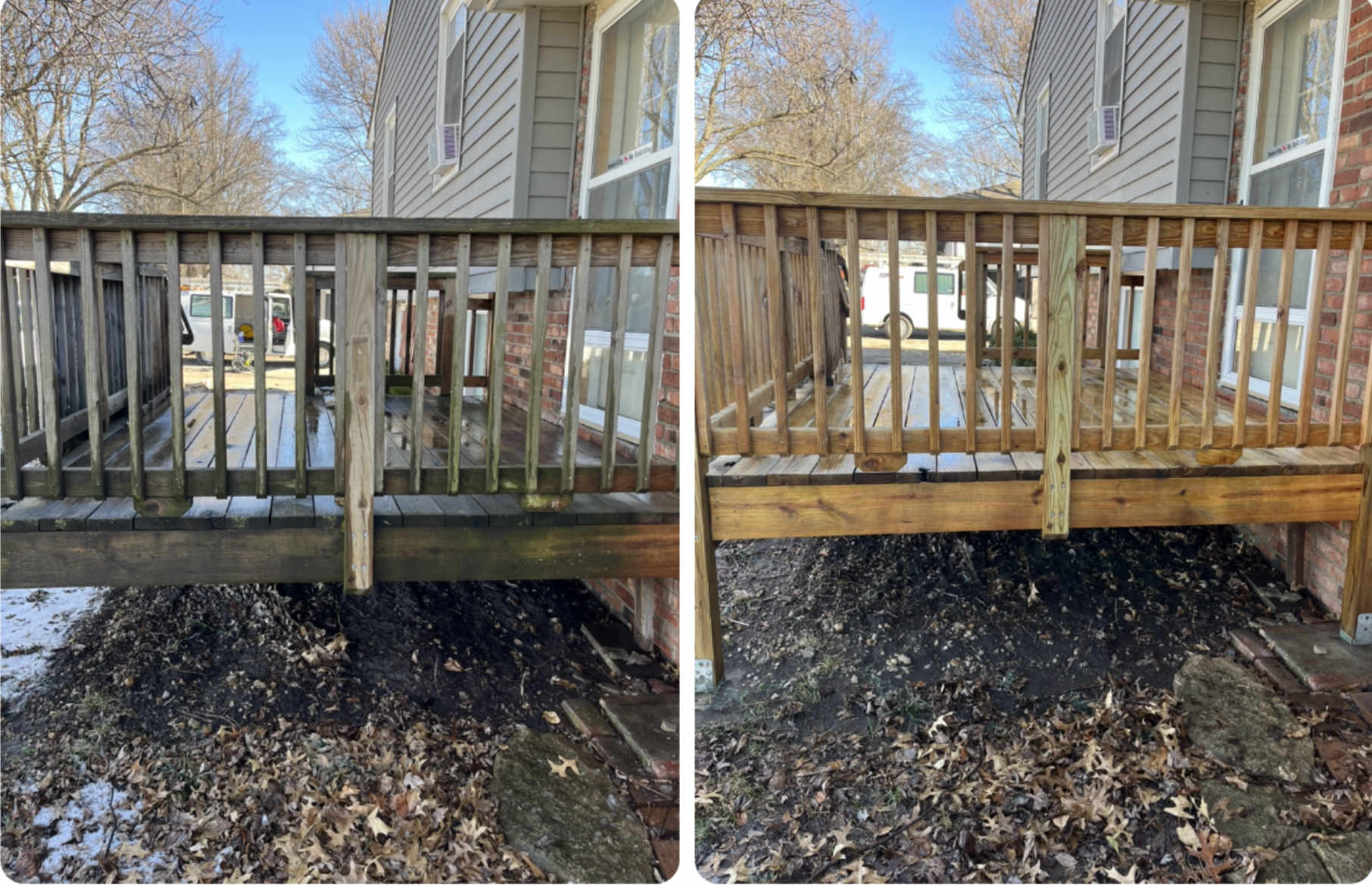 Before and after comparison of a wooden deck, showing the results of cleaning and staining to restore its appearance.