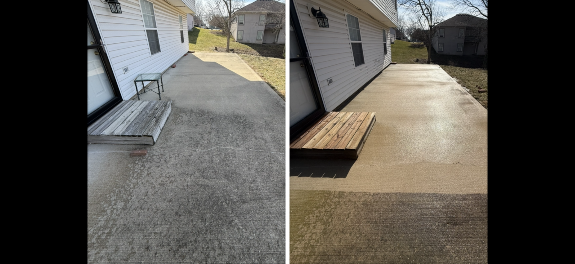 Before and after comparison of a concrete patio being cleaned, showing a dirty surface transformed into a clean, bright one.