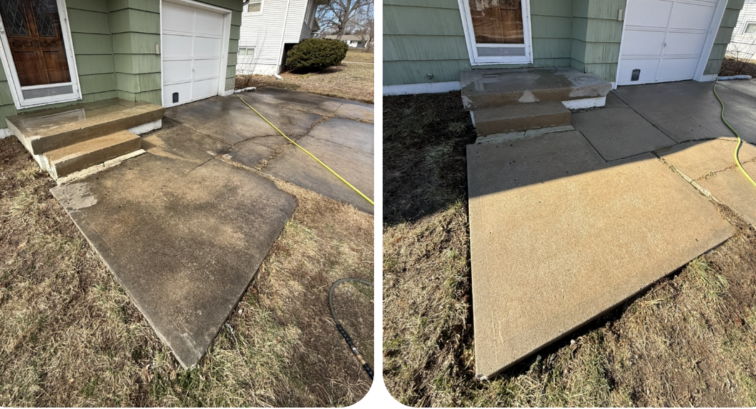 Before-and-after view of concrete steps and a walkway cleaned of dirt and grime, restoring a lighter, natural color.