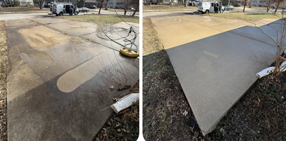 Split-screen comparison of a driveway before and after pressure washing, showing a dirty surface becoming clean and gray.