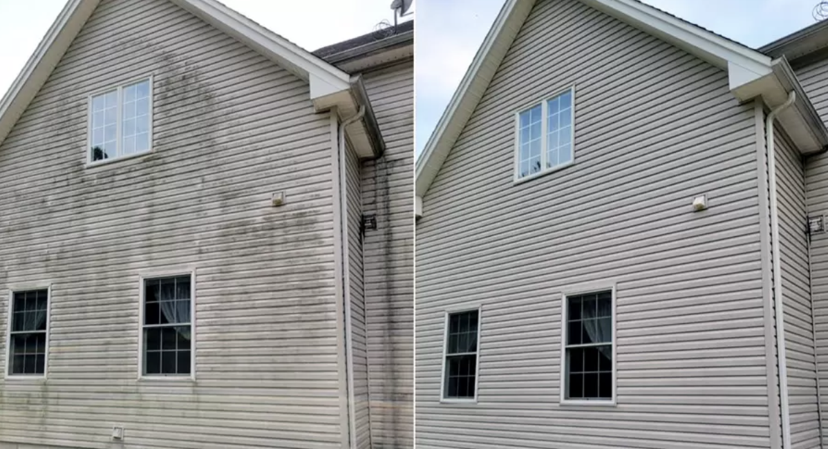 A side-by-side comparison of a house exterior showing siding before and after a professional cleaning service.