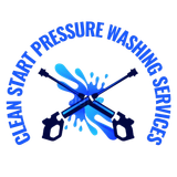 Logo for "Clean Start Pressure Washing Services" featuring two crossed pressure washer wands over a blue water splash.