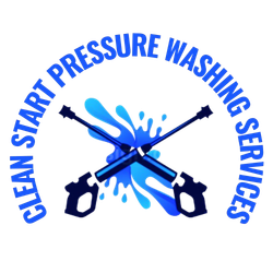 Logo for "Clean Start Pressure Washing Services" featuring two crossed pressure washer wands over a blue water splash.
