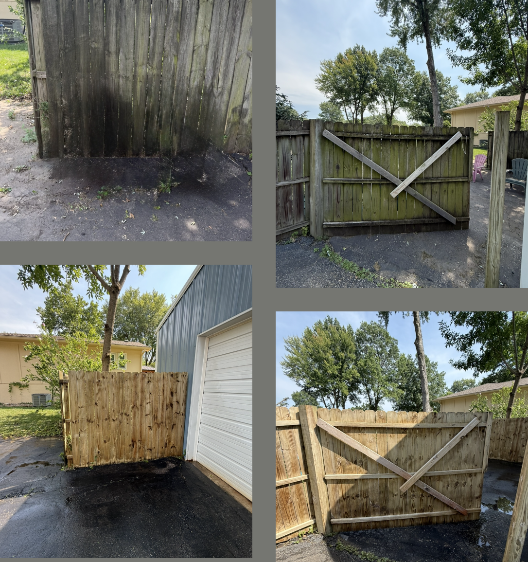 A composite image showing the before and after of a wooden fence being power-washed, transitioning from gray to light tan.