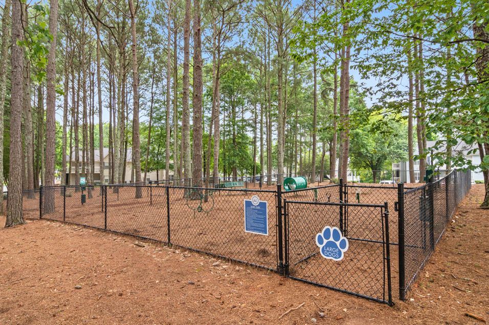 Enclosed dog park surrounded by trees with a fence and signage.