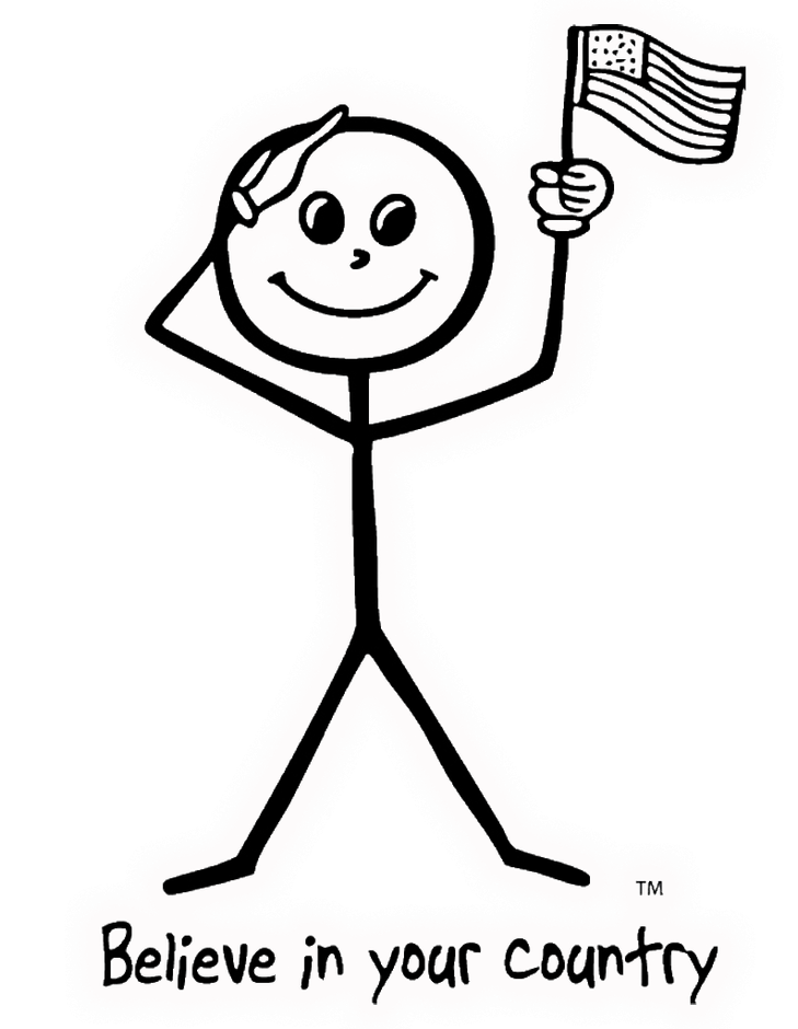Stick figure saluting while holding an American flag with text: 