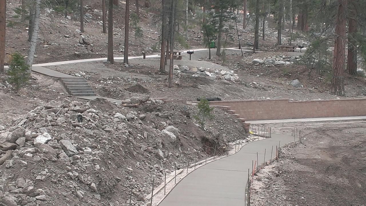 Pathway under construction in a wooded area with two people walking in the distance.