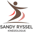Silhouette brune d'une personne en mouvement, accents incurvés rouges et roses, avec le texte « Sandy Ryssel Kinésiologue ».