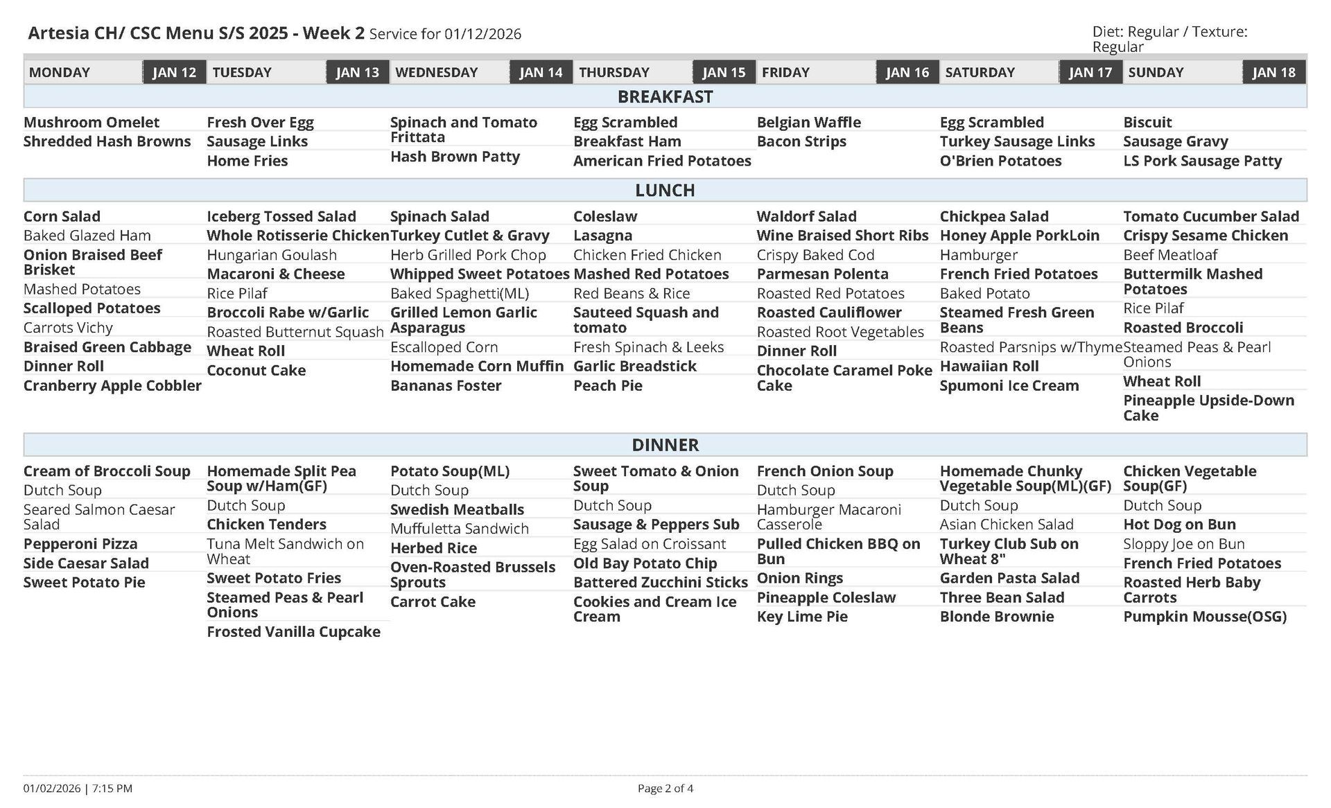 Meal plan for Arizona charter school, listing daily breakfast, lunch, and dinner options.