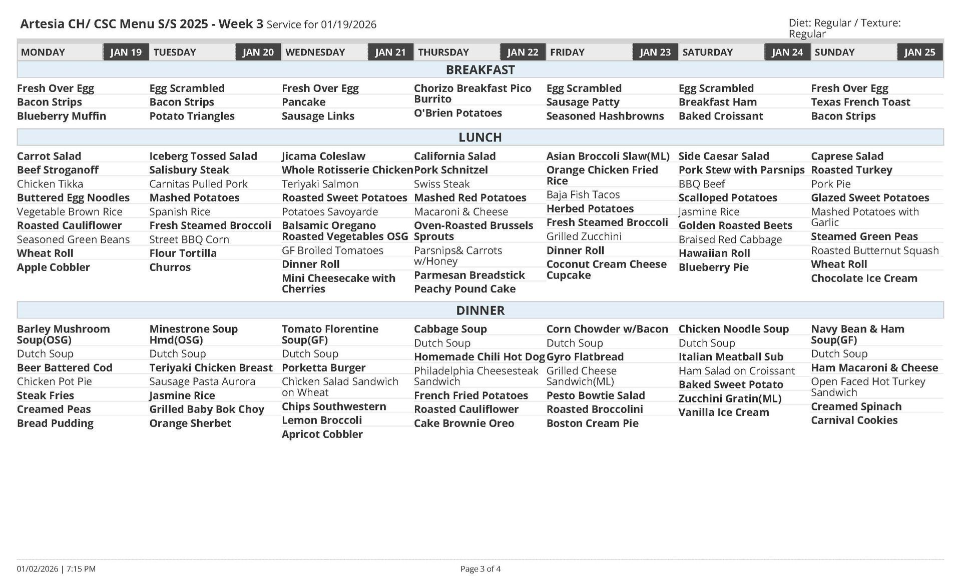 School lunch menu for the week of March 13-17 with daily breakfast, lunch, and dinner offerings.