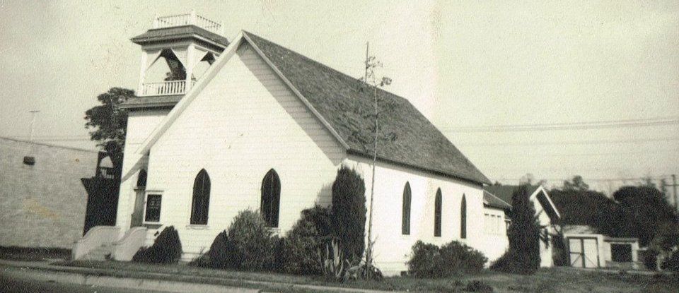 Old photo of a white church in Artesia, CA.