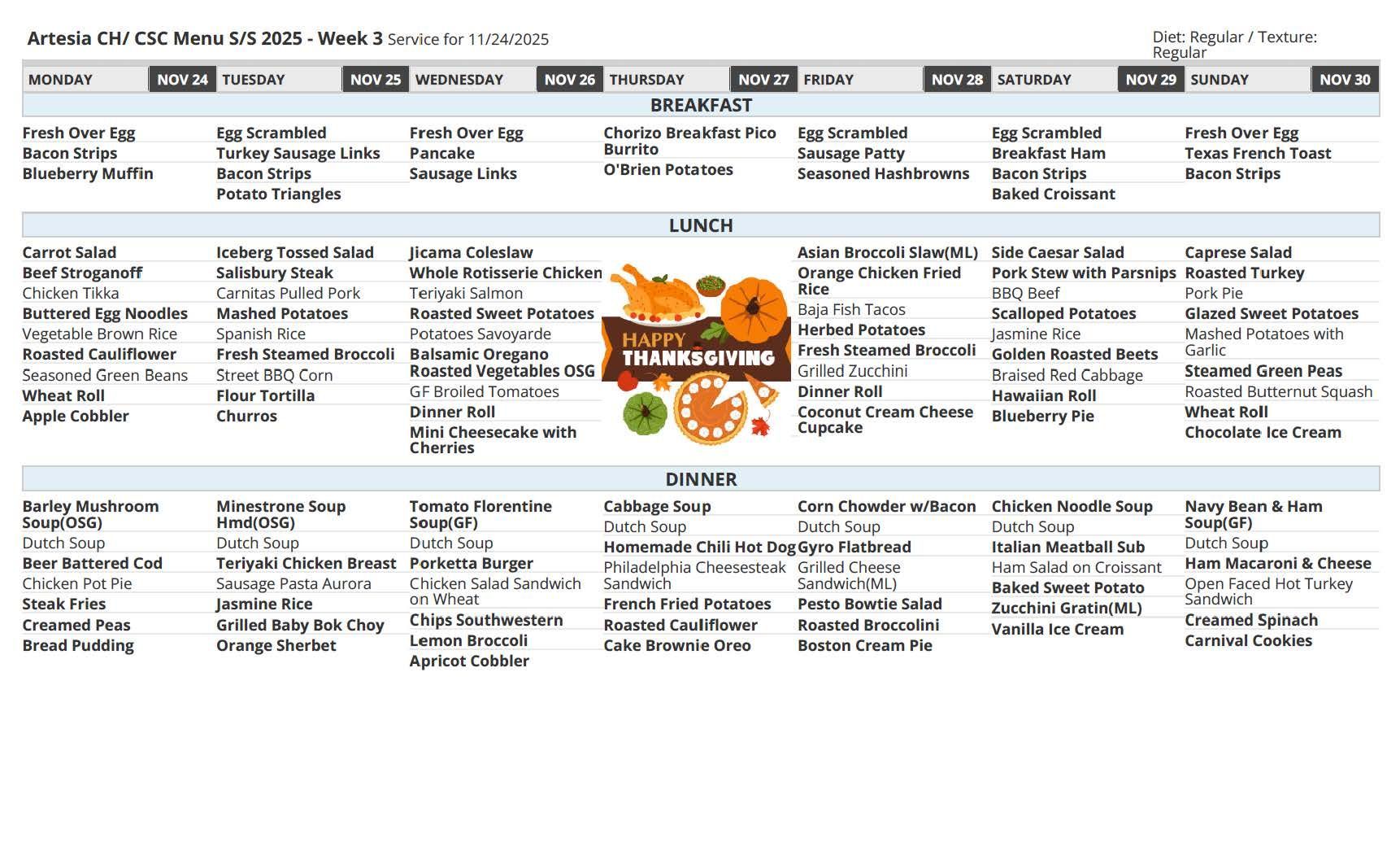 Weekly menu listing meals with text on a white background.