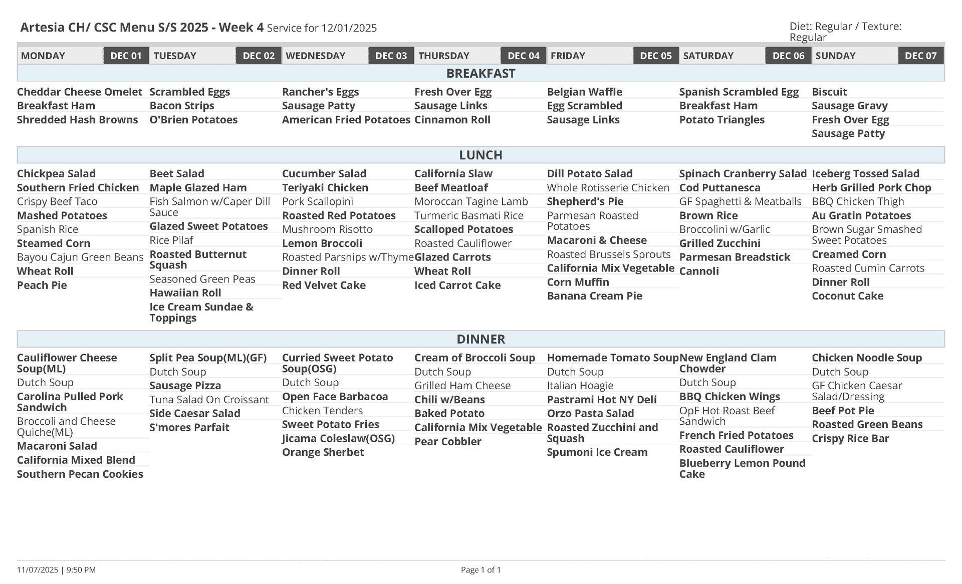 Meal plan for Arizona charter school, listing daily breakfast, lunch, and dinner options.