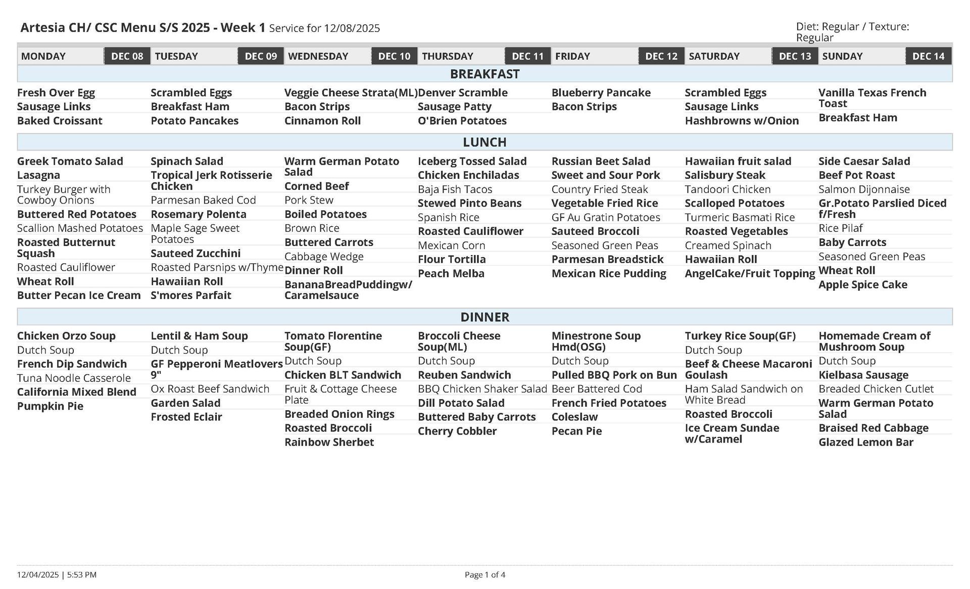 School lunch menu for the week of March 13-17 with daily breakfast, lunch, and dinner offerings.
