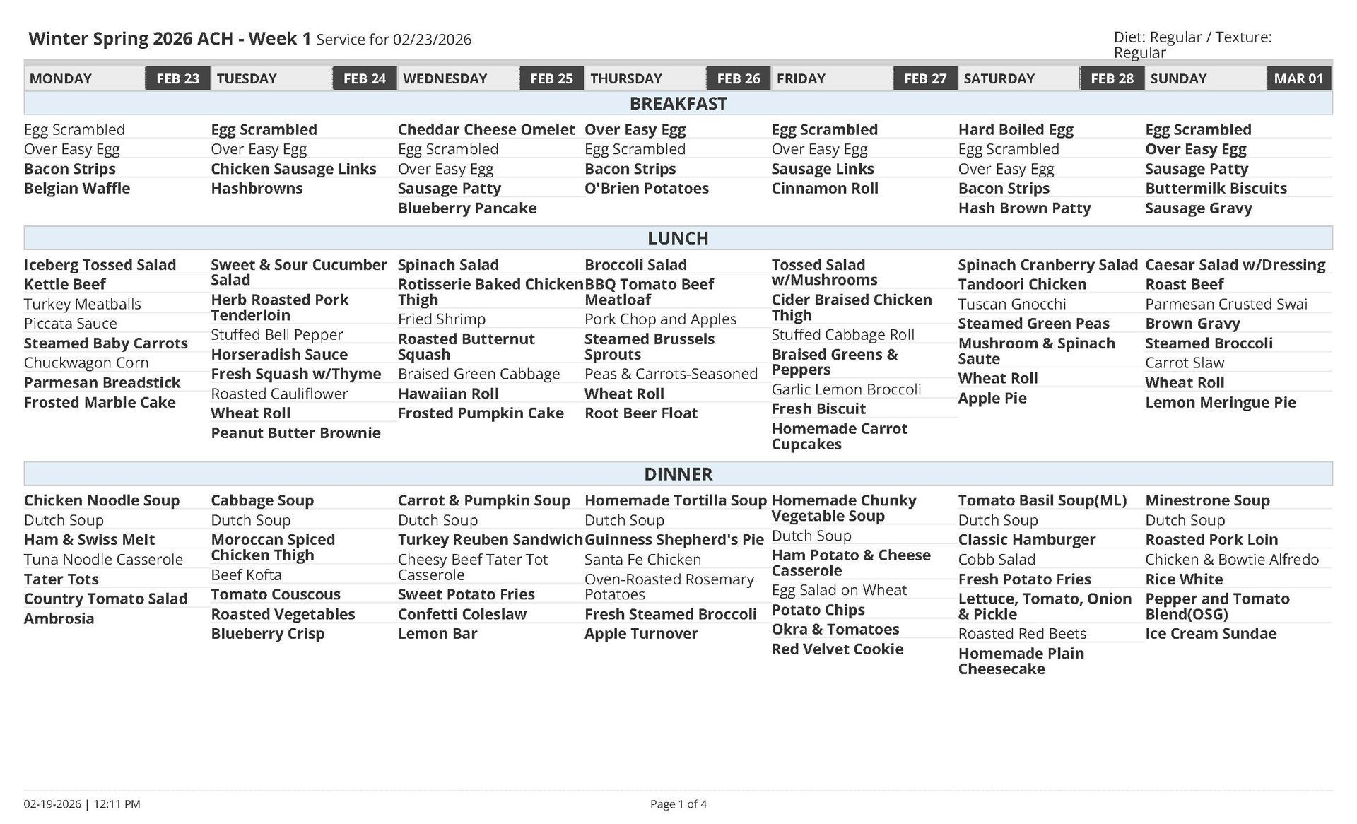 Weekly menu listing meals with text on a white background.