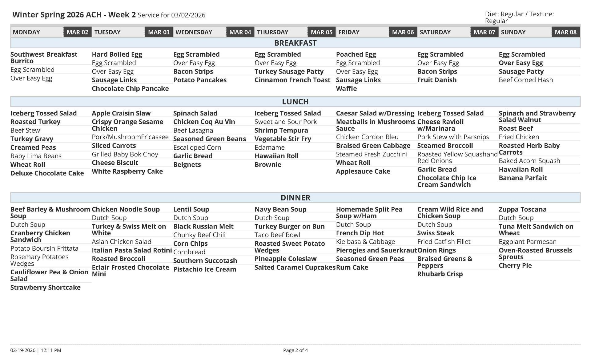 Meal plan for Arizona charter school, listing daily breakfast, lunch, and dinner options.