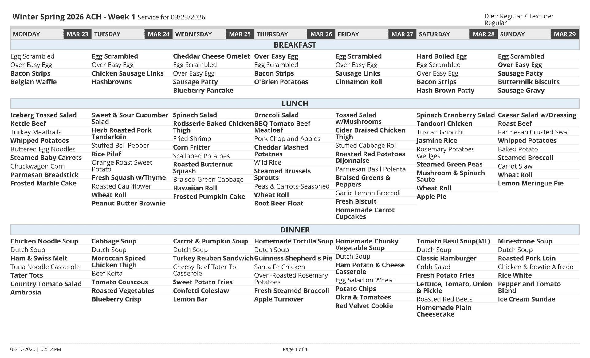 Meal plan for Arizona charter school, listing daily breakfast, lunch, and dinner options.