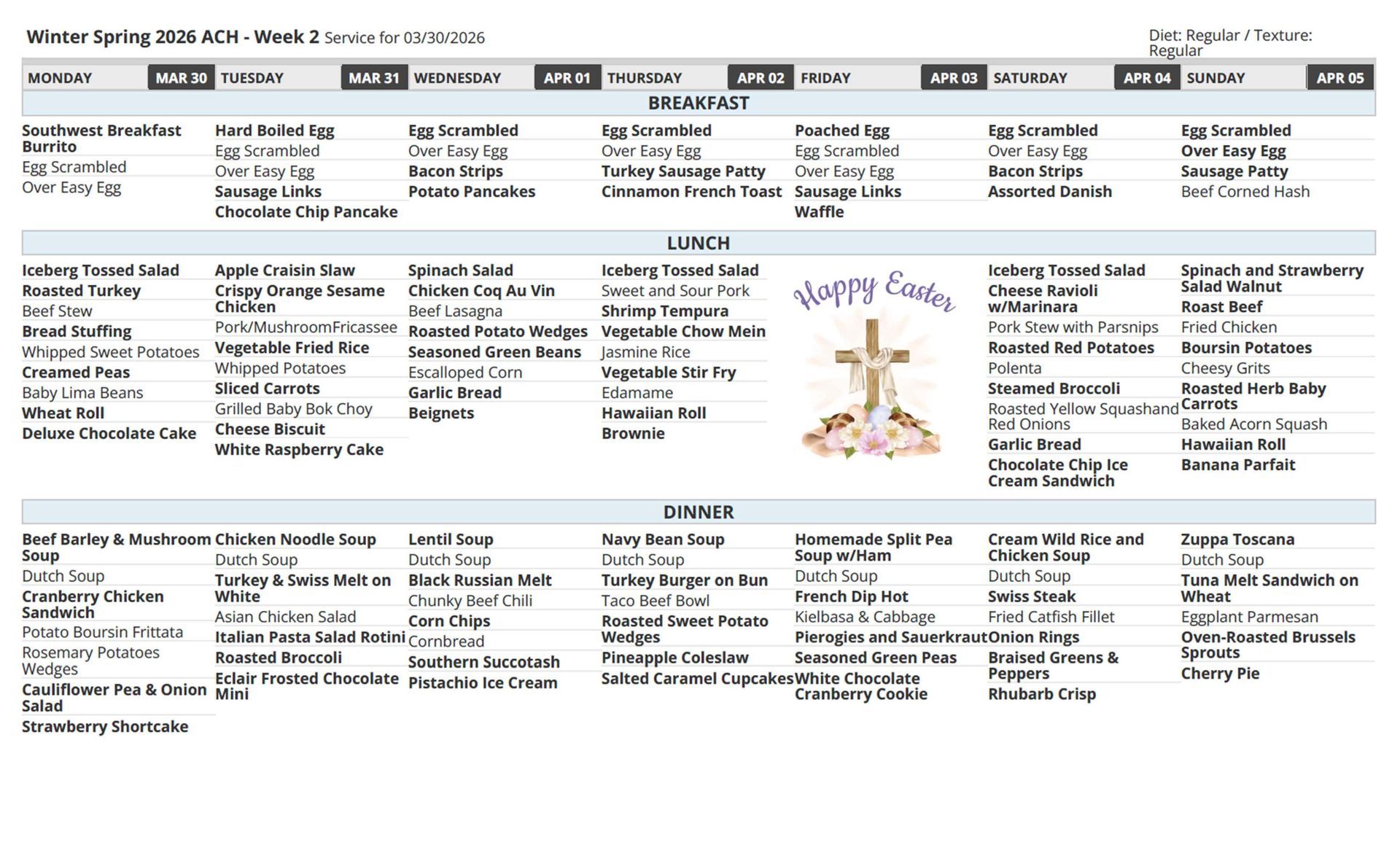 School lunch menu for the week of March 13-17 with daily breakfast, lunch, and dinner offerings.