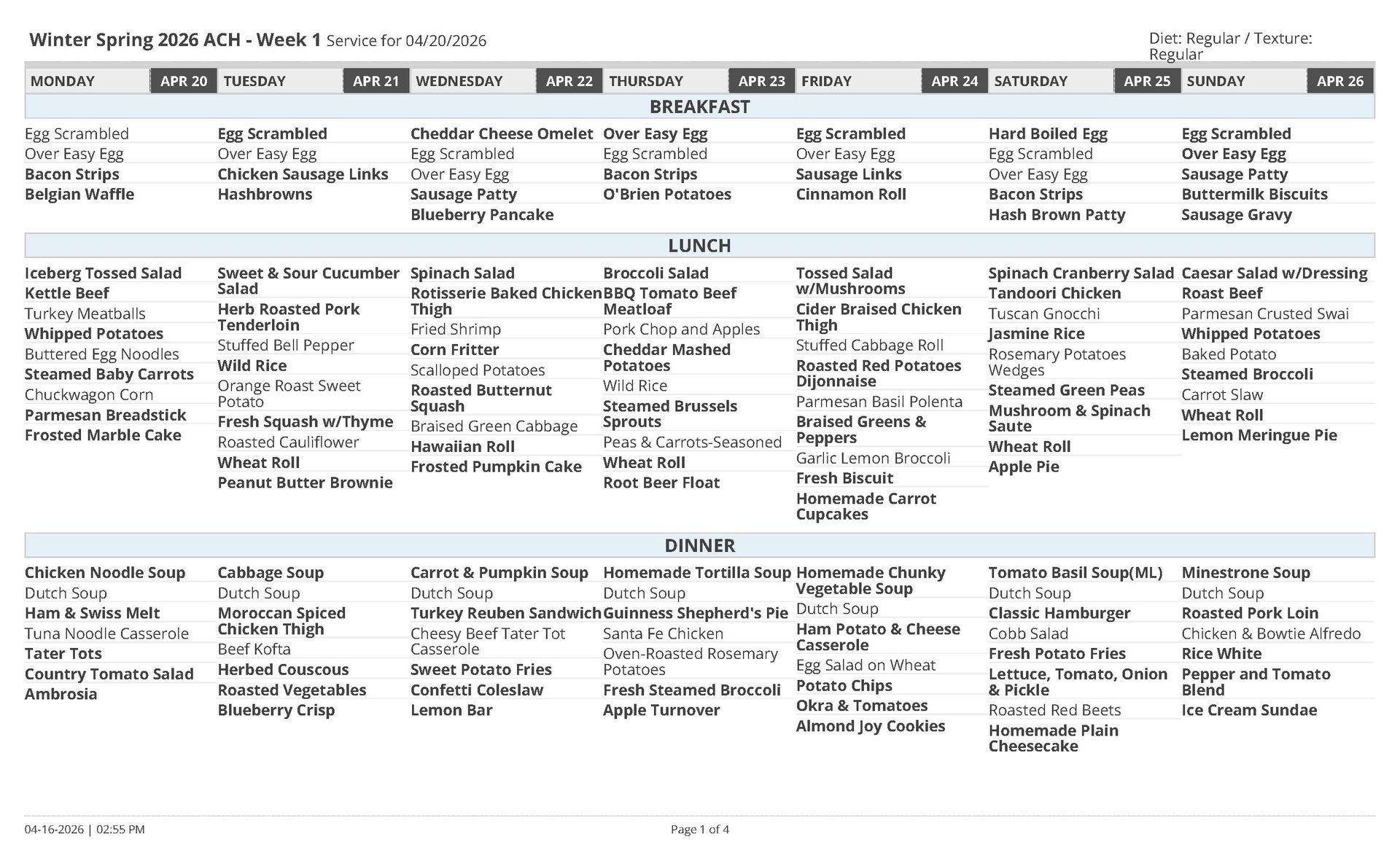 Meal plan for Arizona charter school, listing daily breakfast, lunch, and dinner options.