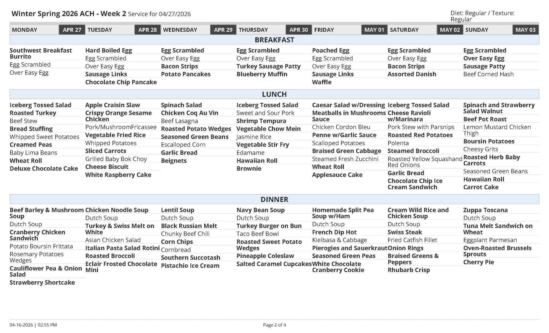 School lunch menu for the week of March 13-17 with daily breakfast, lunch, and dinner offerings.