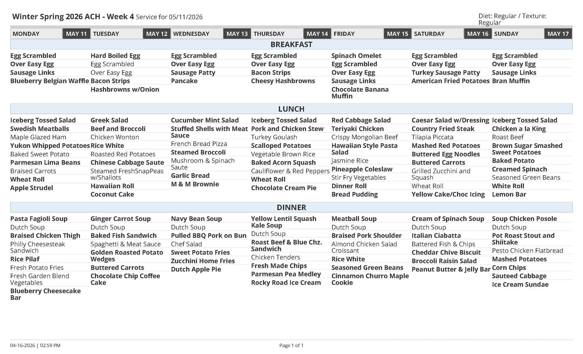 Weekly menu listing meals with text on a white background.