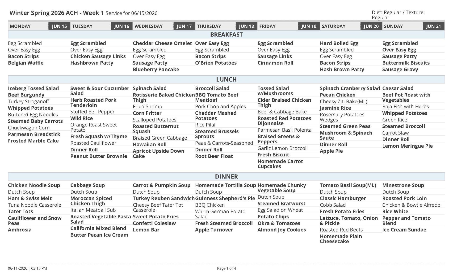 School lunch menu for the week of March 13-17 with daily breakfast, lunch, and dinner offerings.