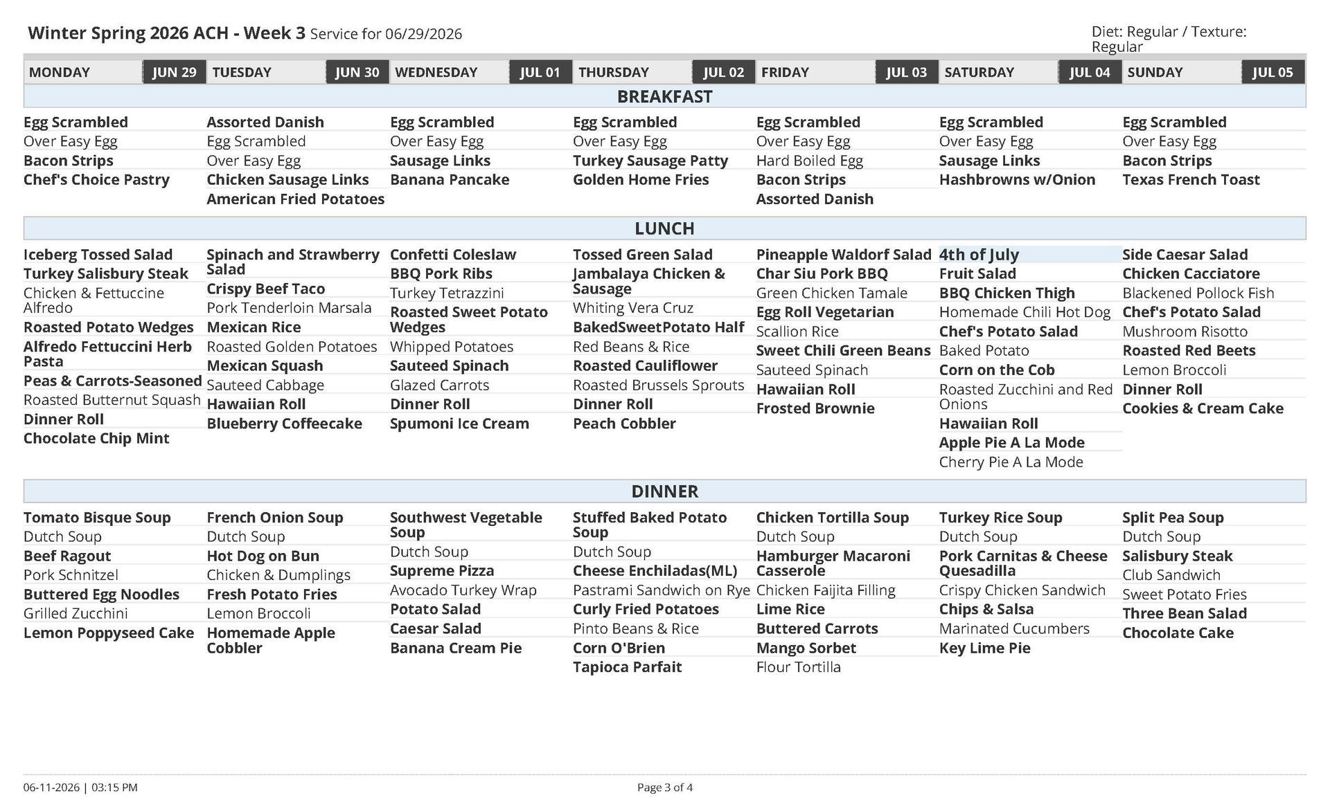 Weekly menu listing meals with text on a white background.