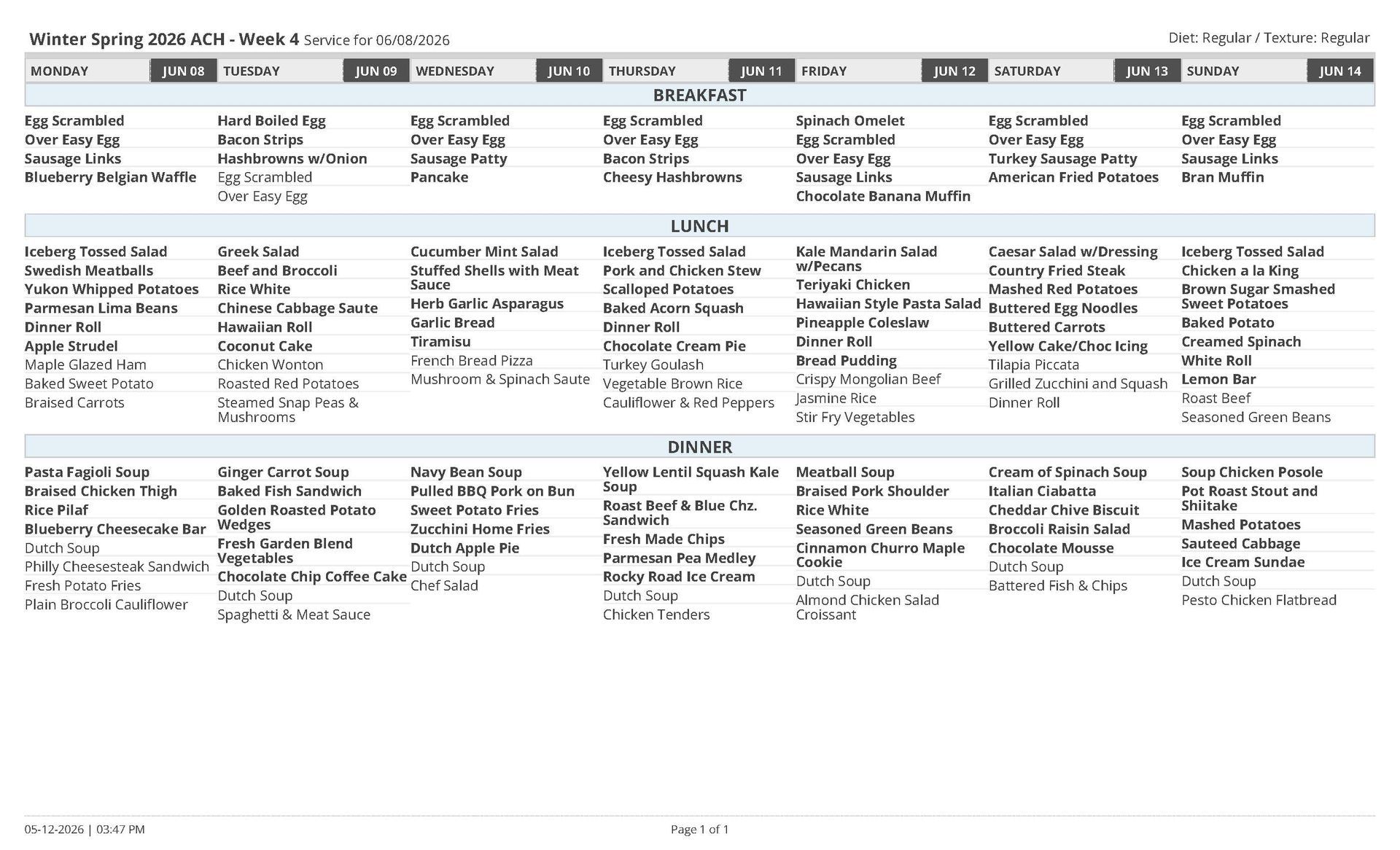 Meal plan for Arizona charter school, listing daily breakfast, lunch, and dinner options.