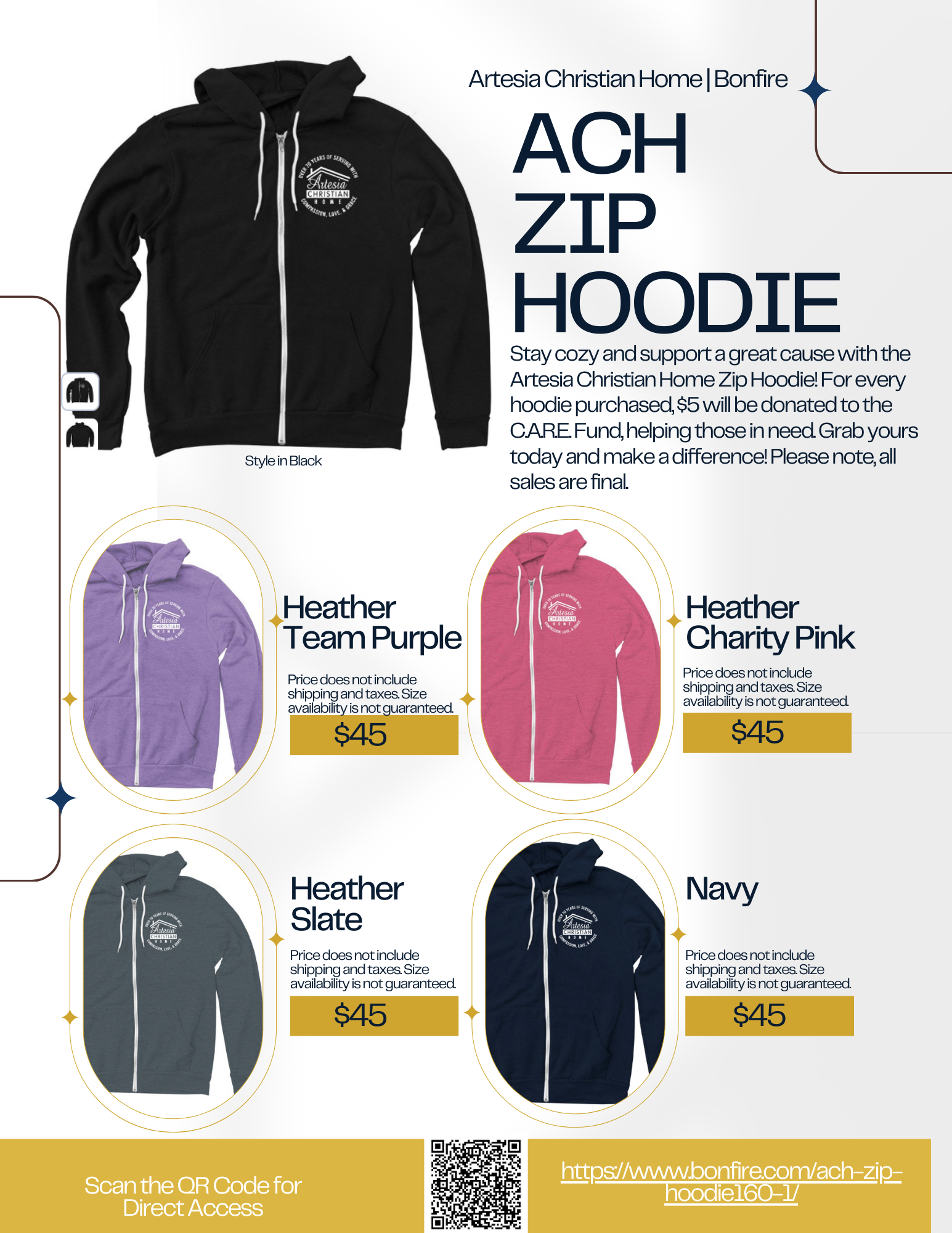 ACH Zip Hoodie in multiple colors: black, purple, pink, slate, and navy. Each costs $45.