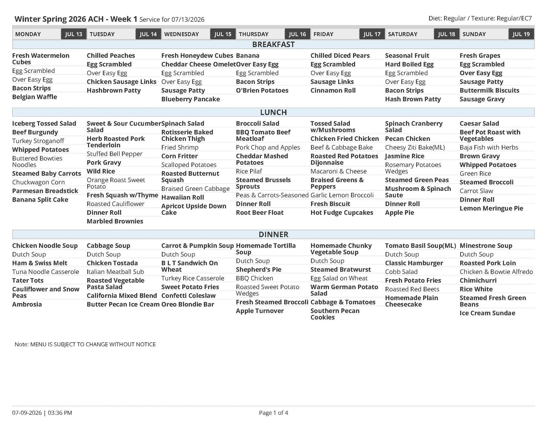 School lunch menu for the week of March 13-17 with daily breakfast, lunch, and dinner offerings.
