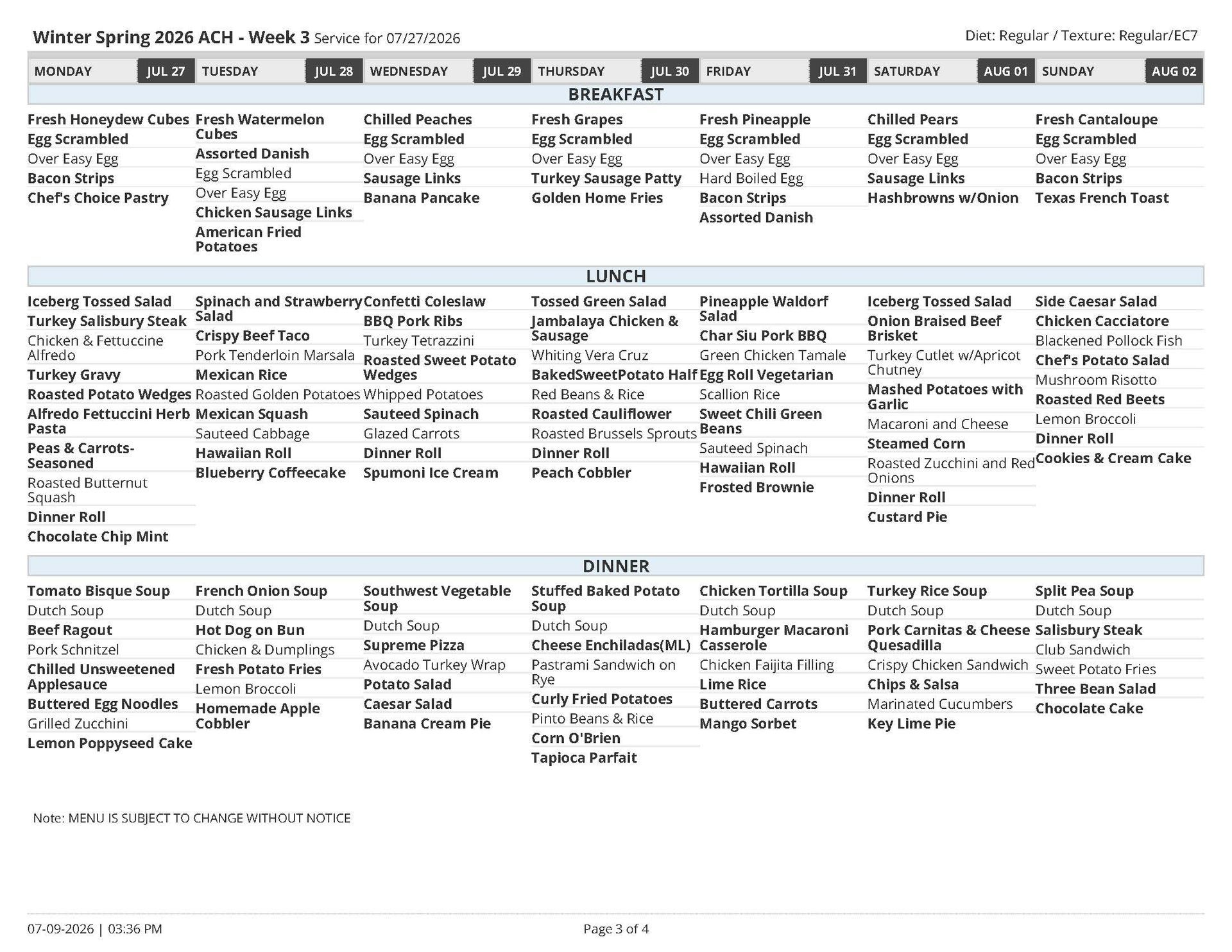 Weekly menu listing meals with text on a white background.