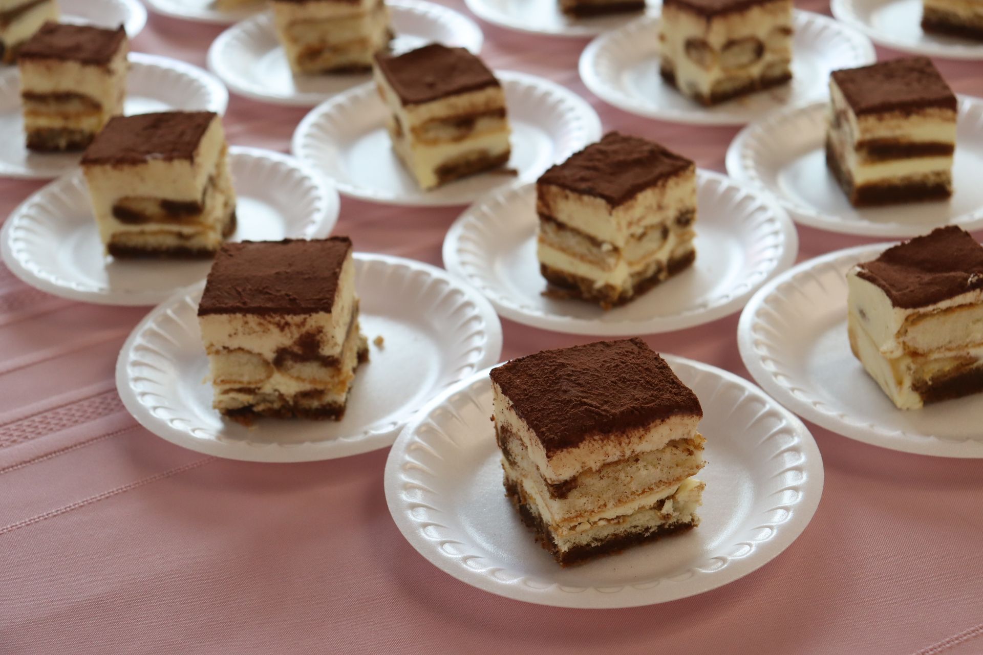 Tiramisu dessert squares dusted with cocoa powder, served on white paper plates on a pink tablecloth.