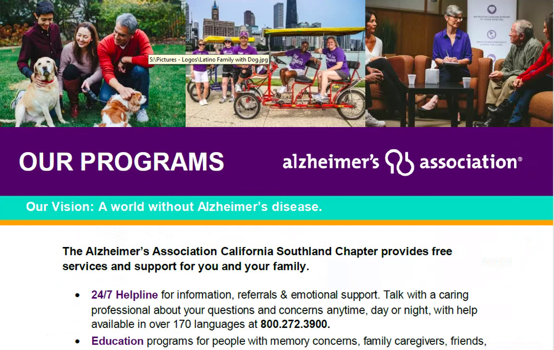 Promotional image: Alzheimer's Association programs. People in groups and a logo with text 