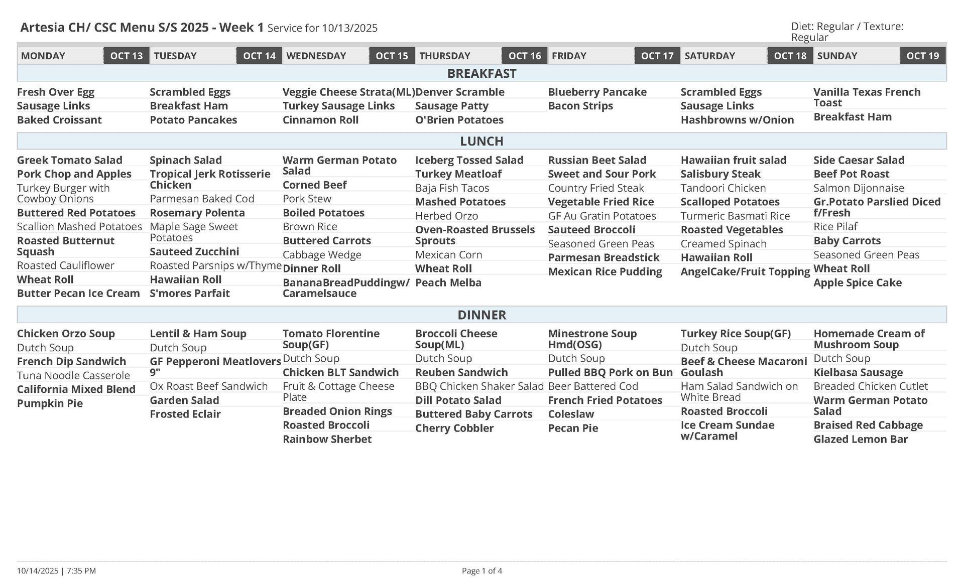 Weekly menu listing meals with text on a white background.