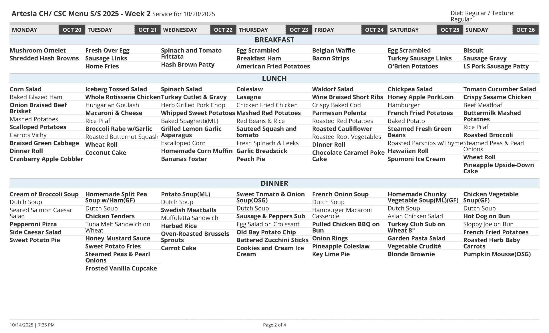 Meal plan for Arizona charter school, listing daily breakfast, lunch, and dinner options.