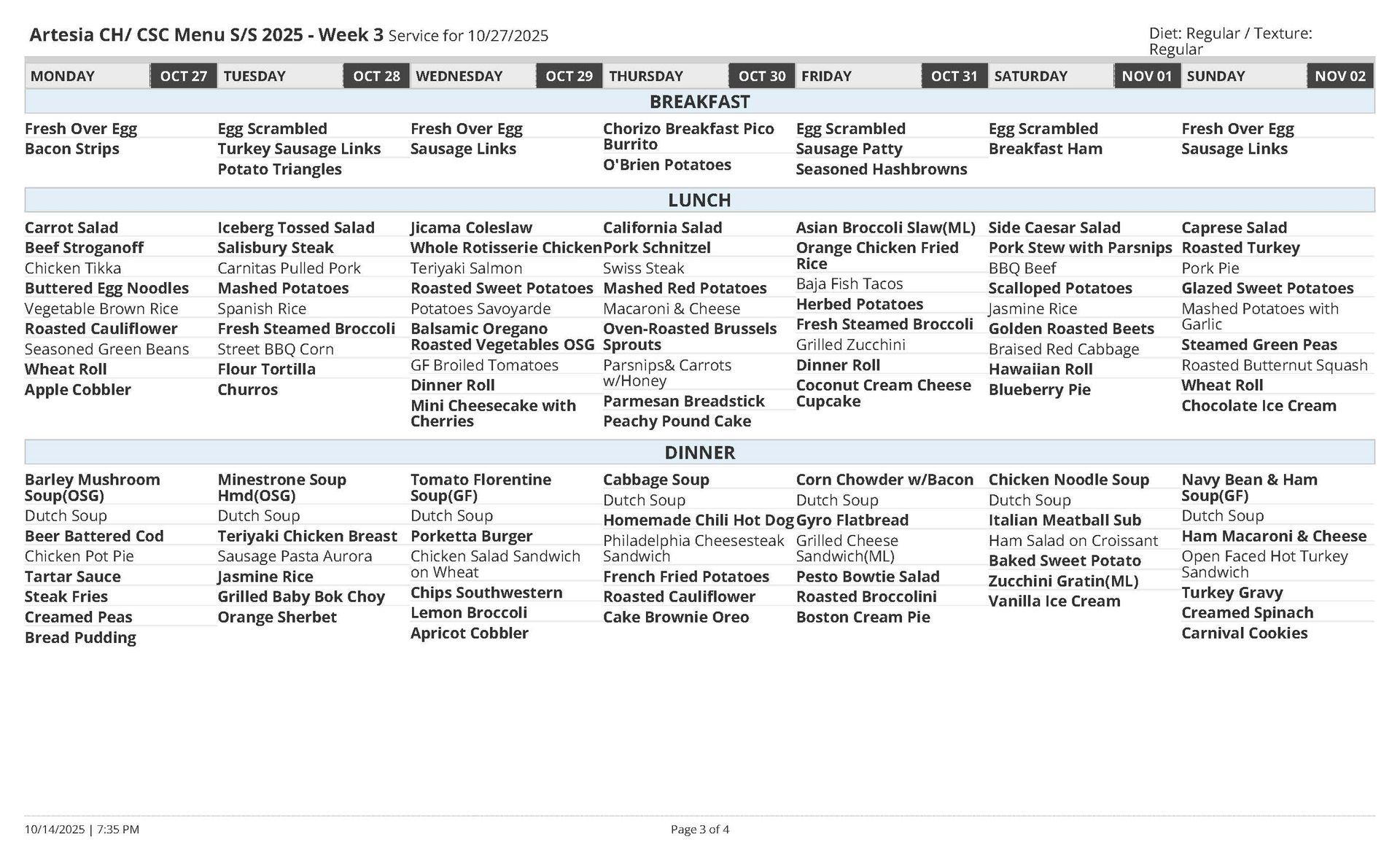 School lunch menu for the week of March 13-17 with daily breakfast, lunch, and dinner offerings.